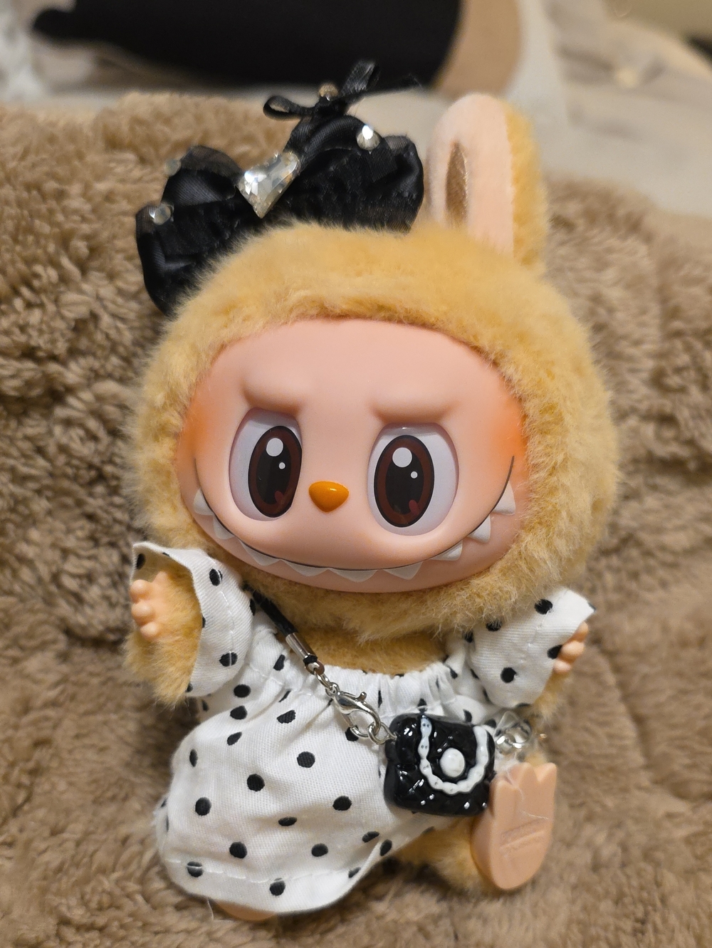 Outfit For Labubu Polka Dot Dress with Black Bow And Purse